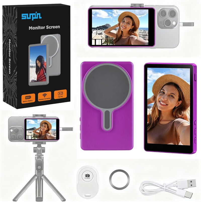sunpin Vlog Selfie Monitor Screen, Wireless 4K/1080p Back Camera Monitor for iPhone & Android, Built-in Speaker for YouTube TikTok Live Streaming (Purple) - Image 1